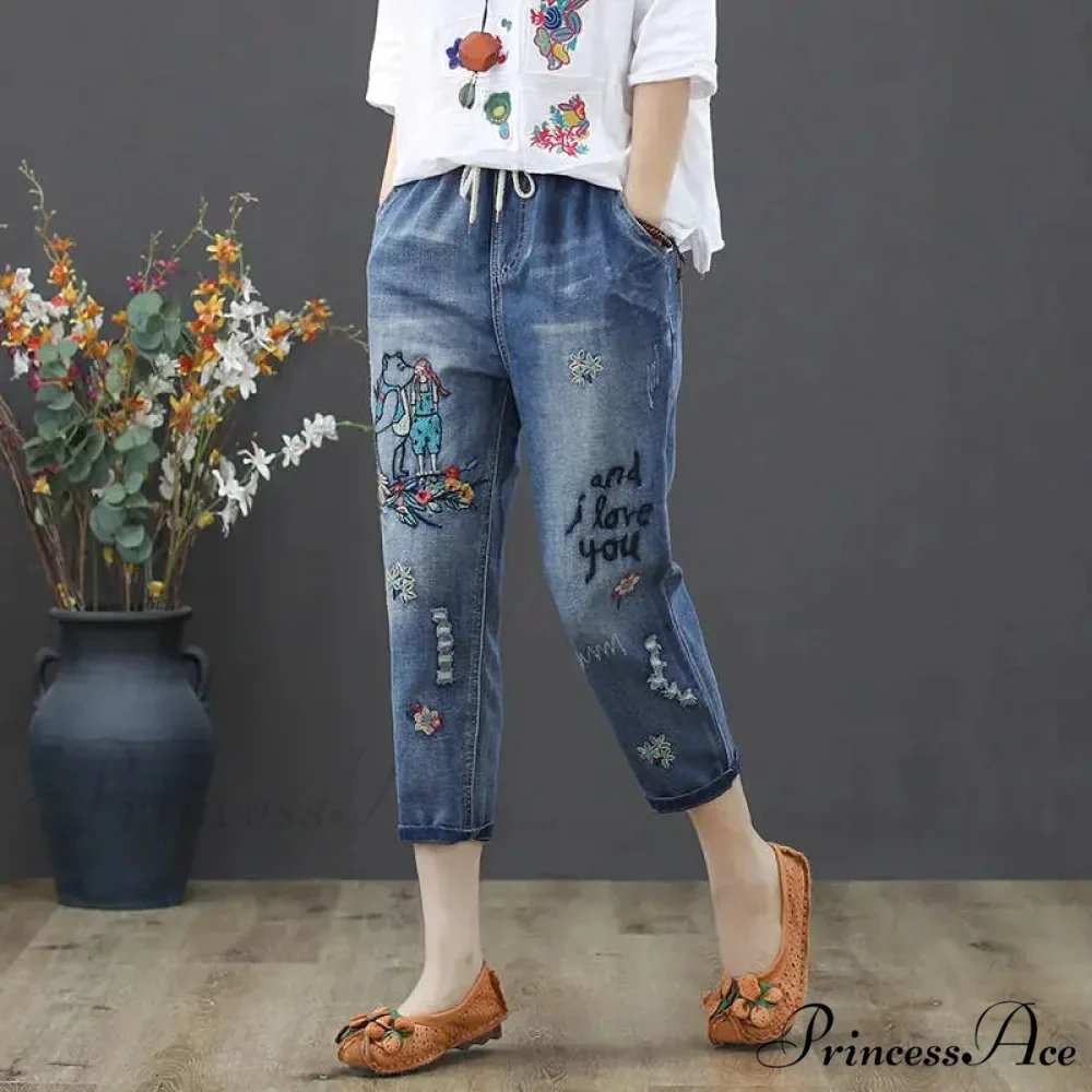 Embroidery Ripped Korean Capris Pants - Image 2