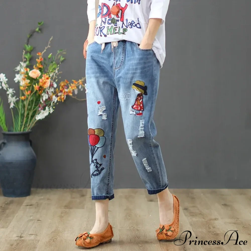 Embroidery Ripped Korean Capris Pants - Image 5