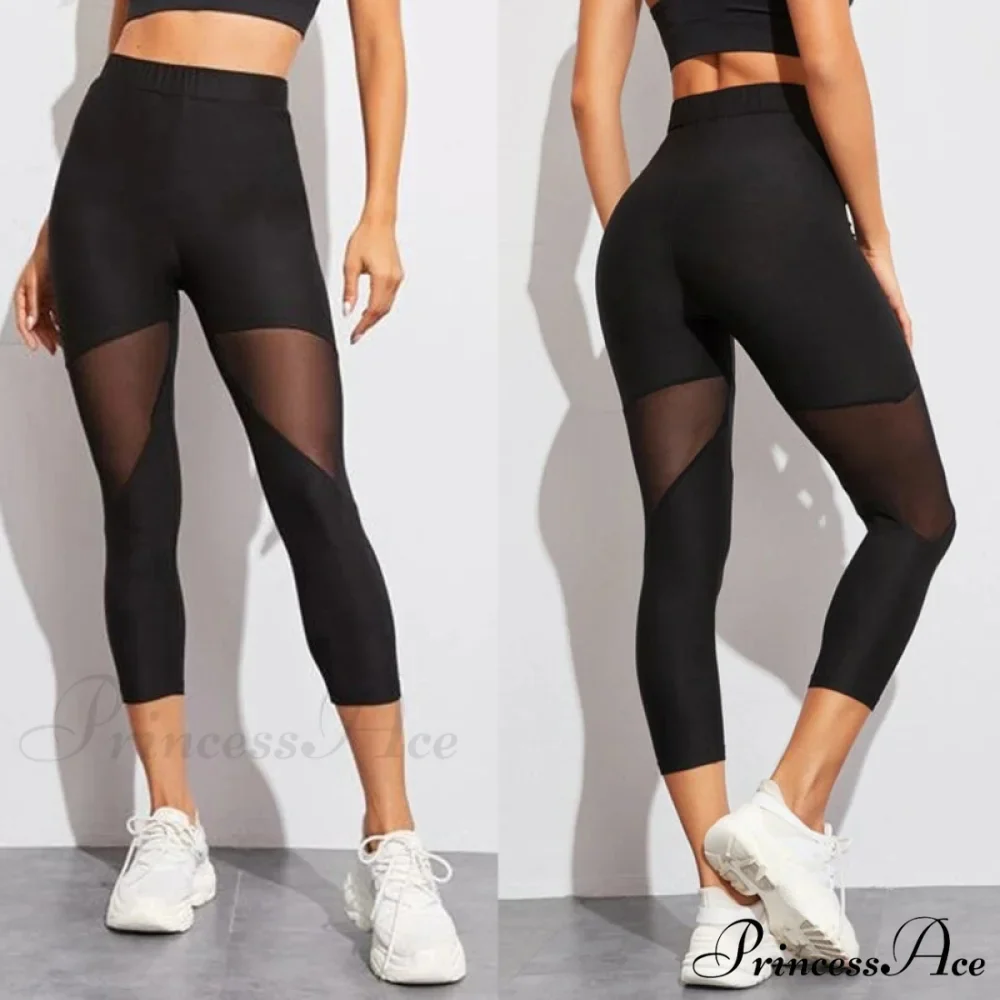 Black Patchwork Mesh Capris Leggings - Image 2