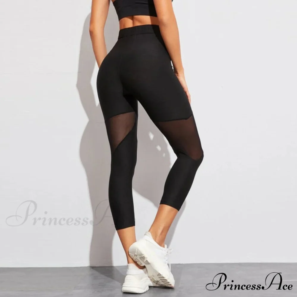 Black Patchwork Mesh Capris Leggings - Image 3