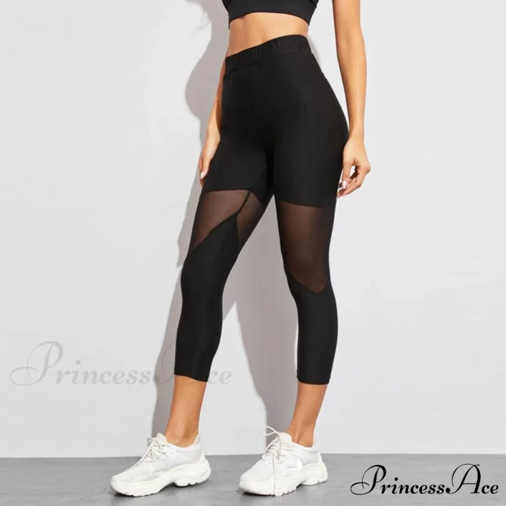 Black Patchwork Mesh Capris Leggings - Image 5