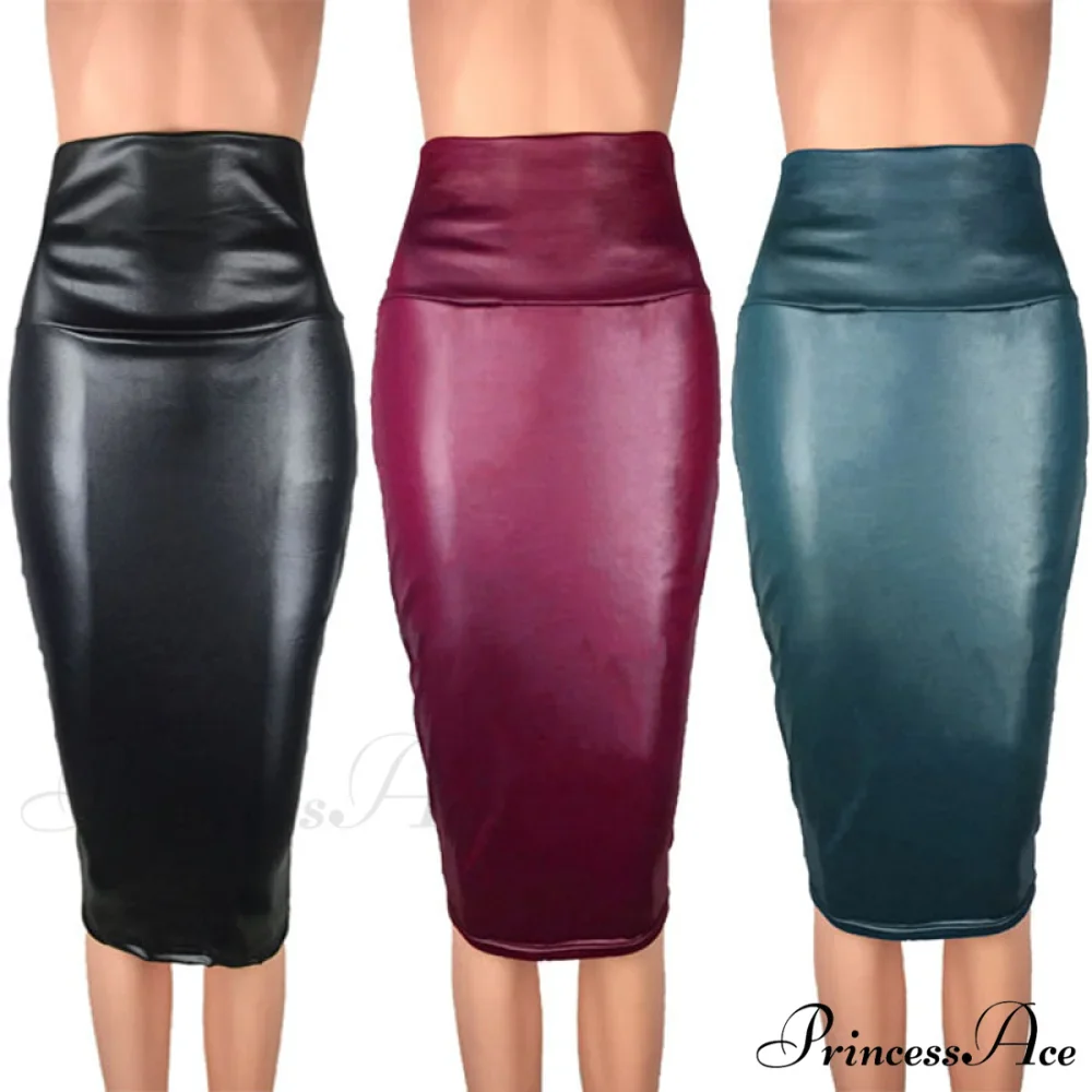PU Leather Elegant Pencil Midi Skirts - Image 2