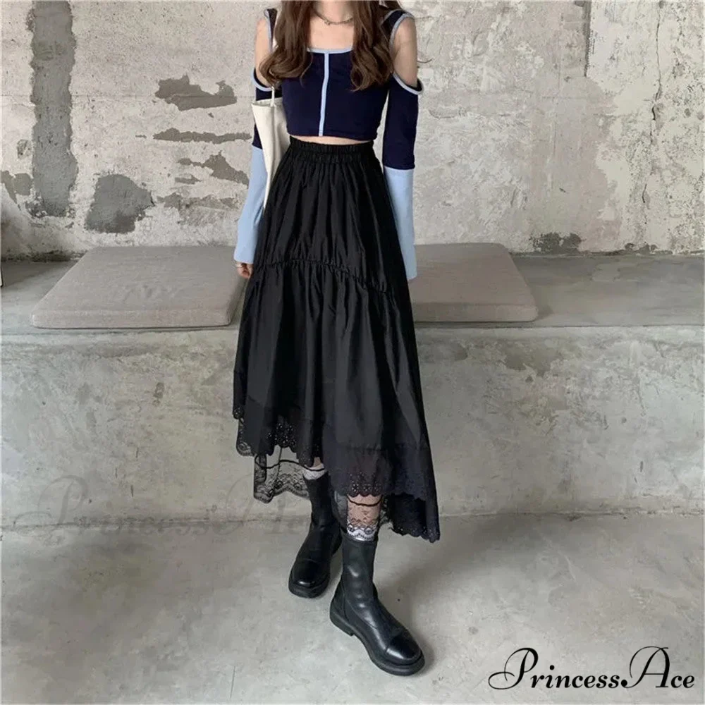 Black Gothic Lace Stitching Irregular Pleated Skirt - Image 5