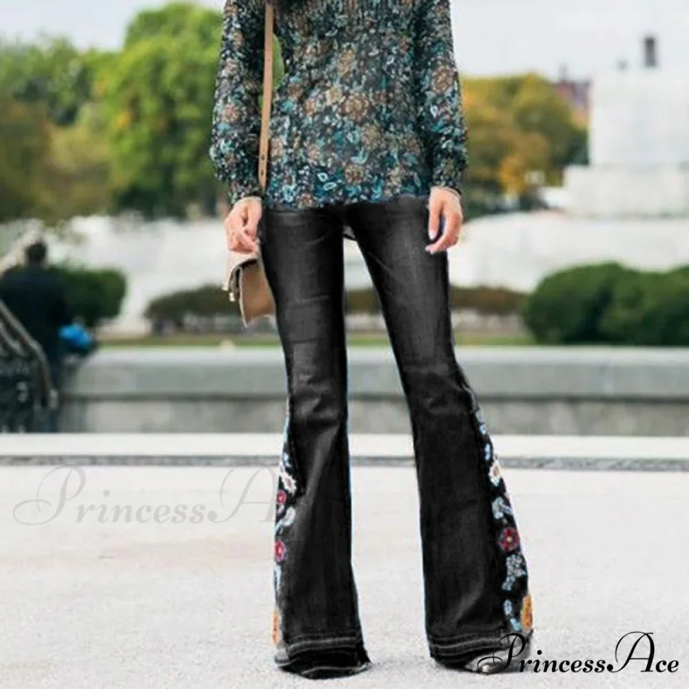 Embroidered Denim Bell Bottom Pants - Image 2