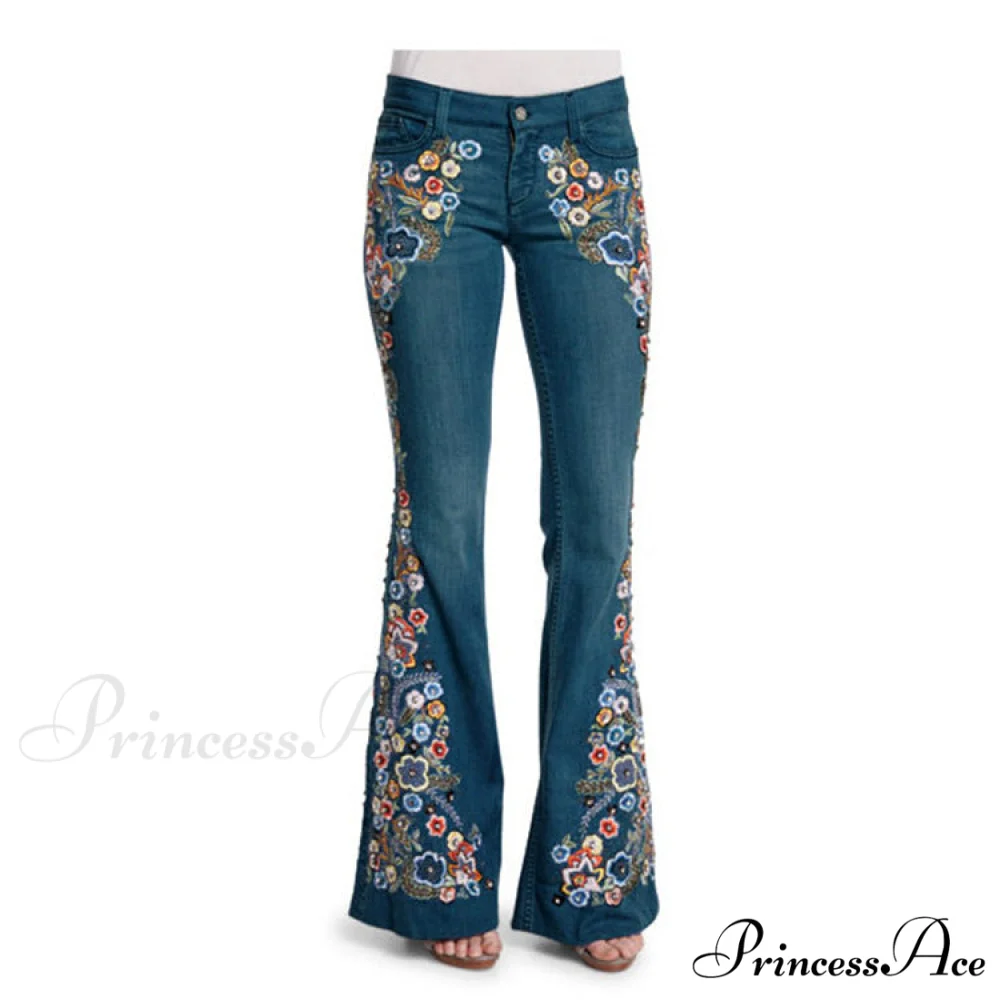 Embroidered Denim Bell Bottom Pants - Image 7