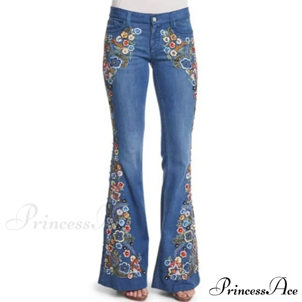 Embroidered Denim Bell Bottom Pants - Image 8