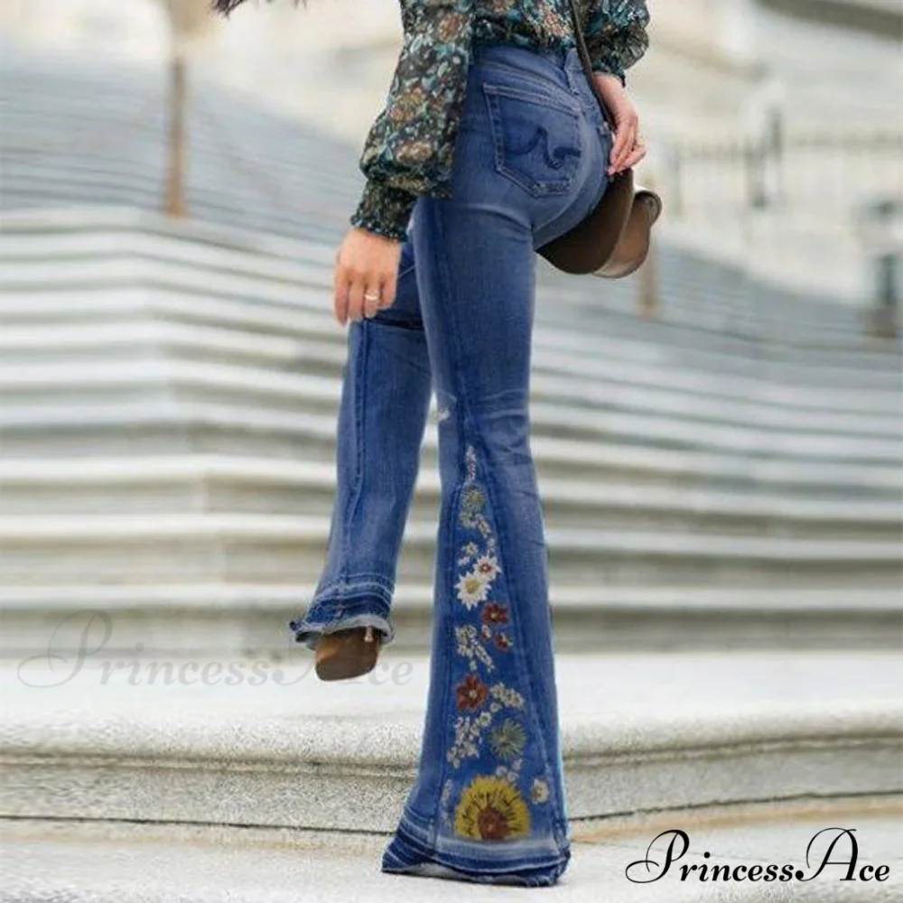 Embroidered Denim Bell Bottom Pants - Image 9