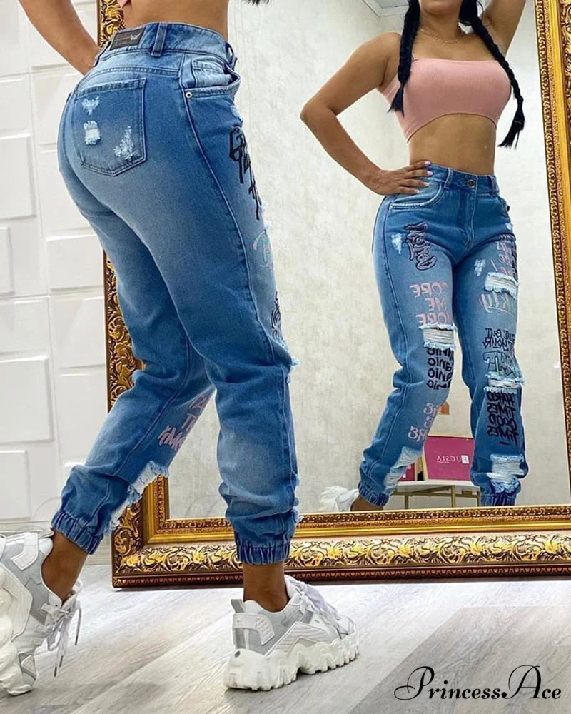 Letter Print Slant Pocket Ripped Jeans - Image 3