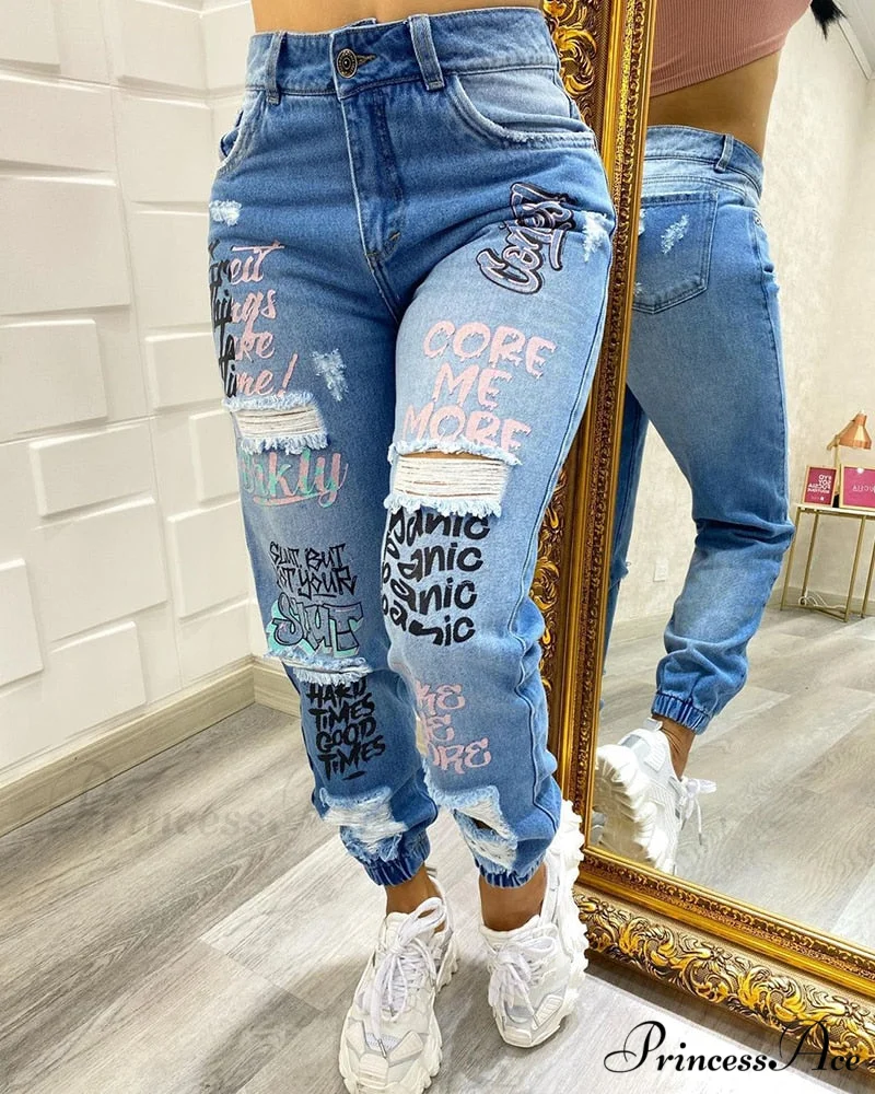 Letter Print Slant Pocket Ripped Jeans - Image 4