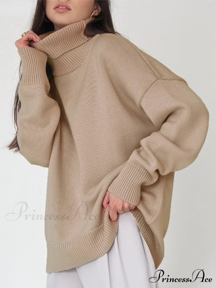 Oversized Casual Turtleneck Solid Color Pollover Sweater - Image 4
