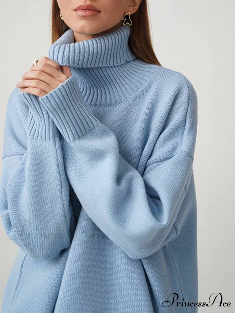 Oversized Casual Turtleneck Solid Color Pollover Sweater - Image 5