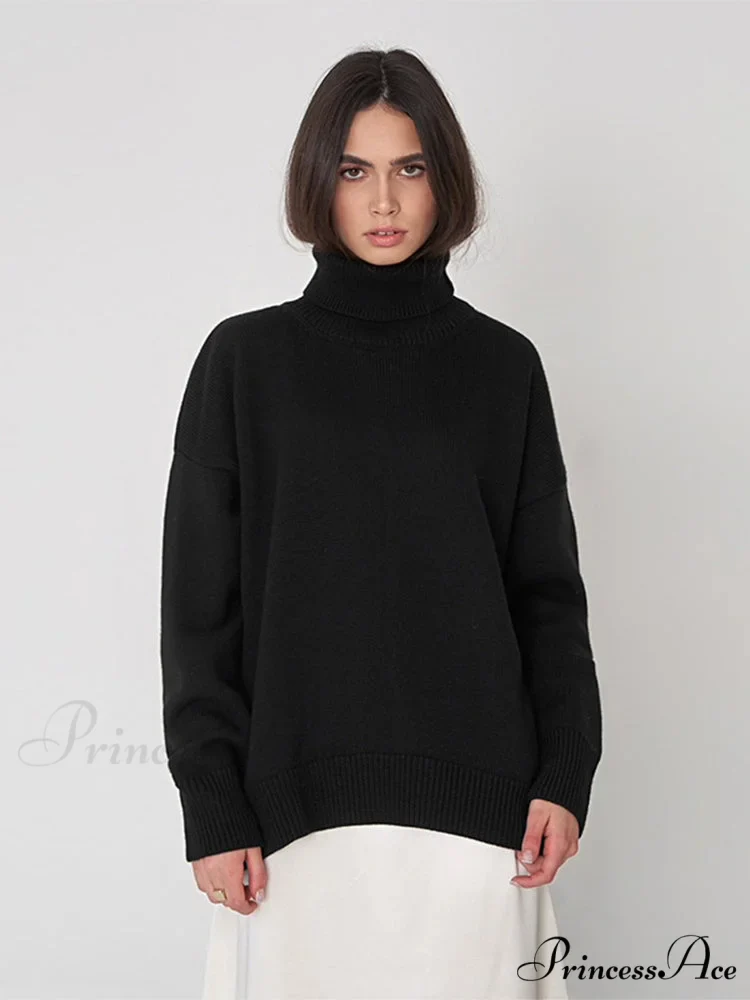 Oversized Casual Turtleneck Solid Color Pollover Sweater - Image 7