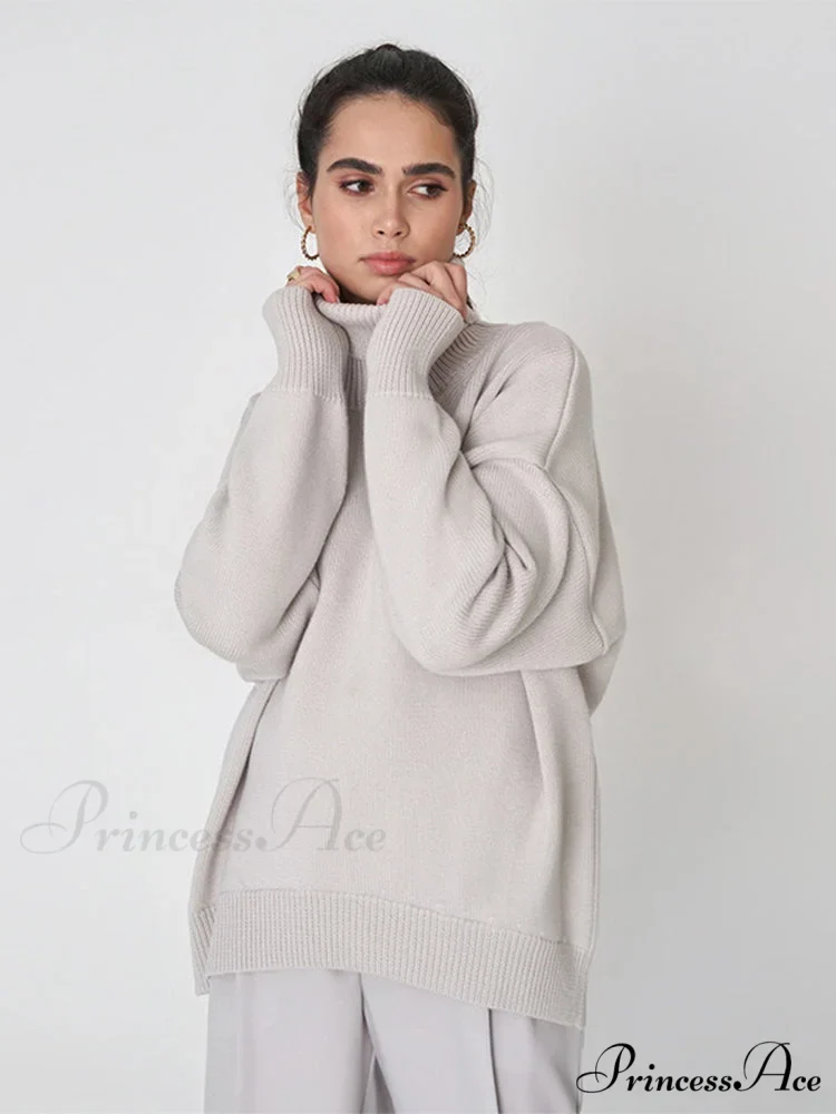 Oversized Casual Turtleneck Solid Color Pollover Sweater - Image 8