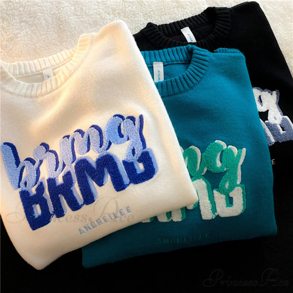 Solid Color Letter Print Knitted Pullover Sweater - Image 2