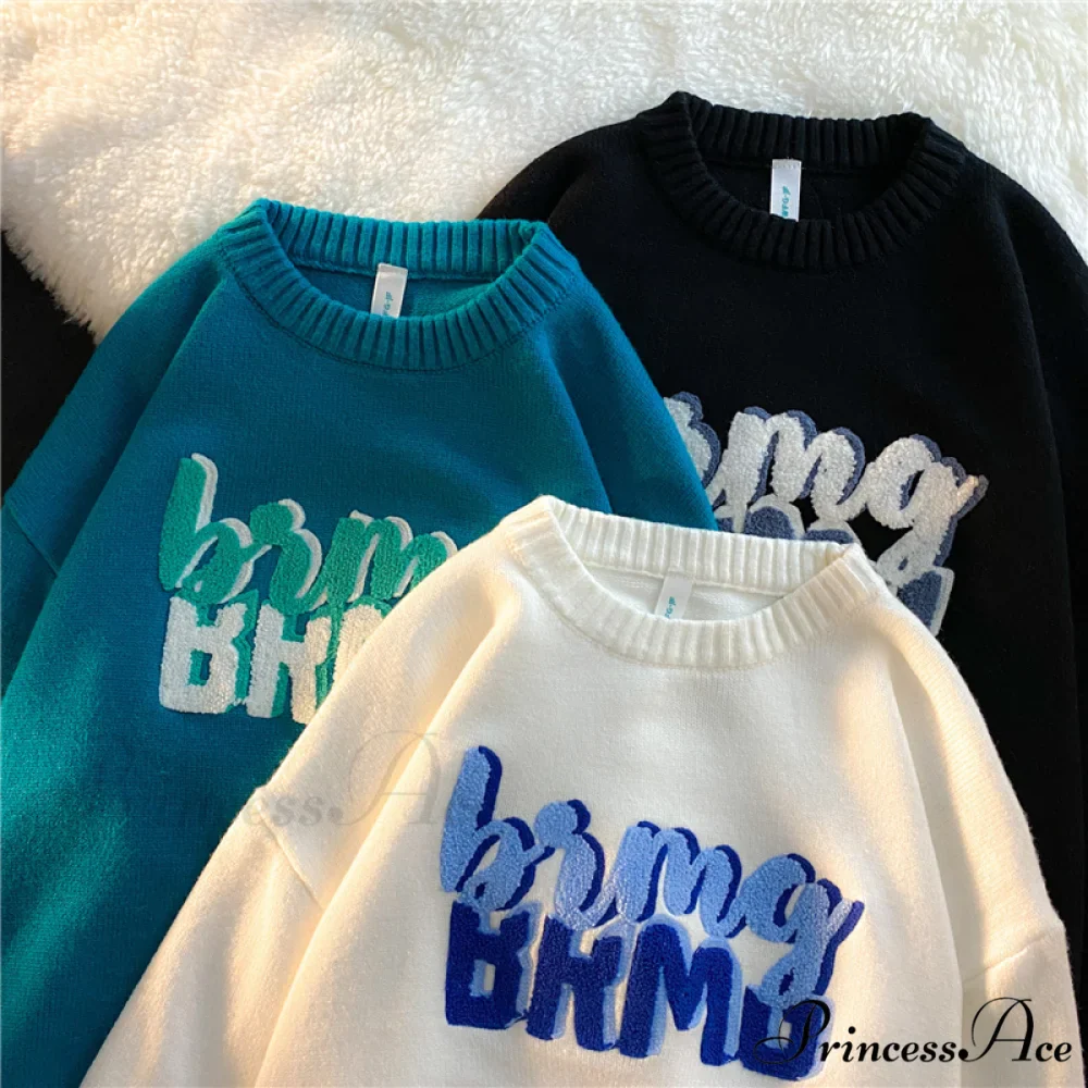 Solid Color Letter Print Knitted Pullover Sweater - Image 3
