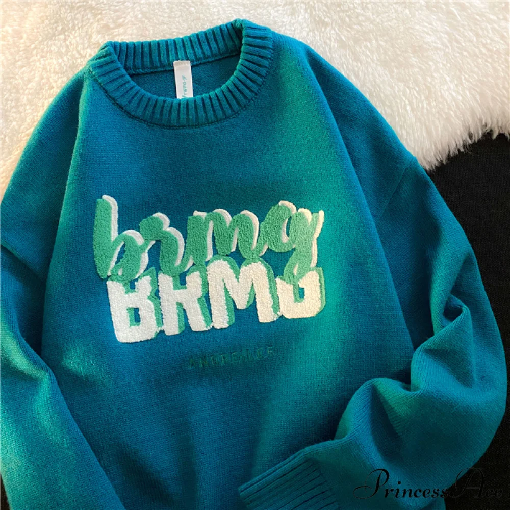 Solid Color Letter Print Knitted Pullover Sweater - Image 4