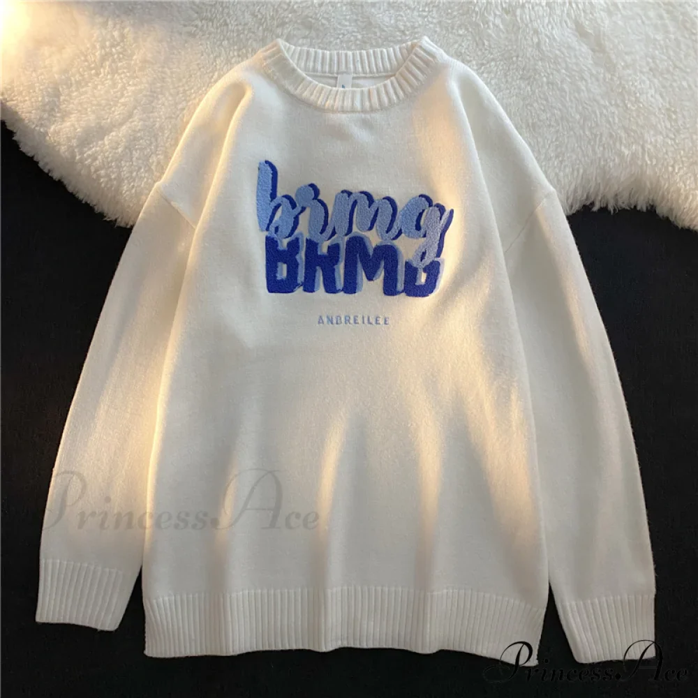 Solid Color Letter Print Knitted Pullover Sweater - Image 5