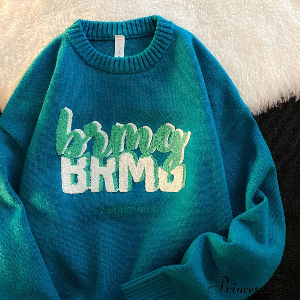 Solid Color Letter Print Knitted Pullover Sweater - Image 6