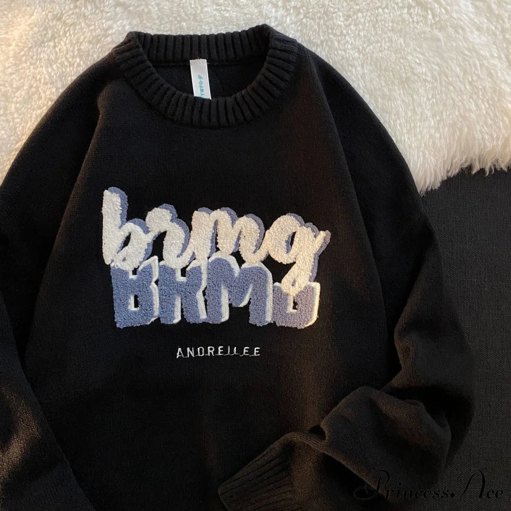Solid Color Letter Print Knitted Pullover Sweater - Image 7