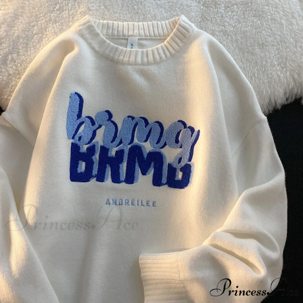 Solid Color Letter Print Knitted Pullover Sweater - Image 8