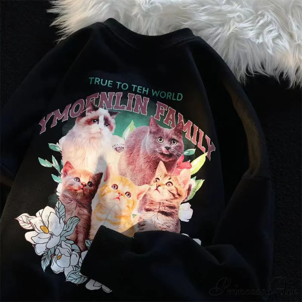 Sweet Cute Cat Print Crewneck Hoody Pullover - Image 2