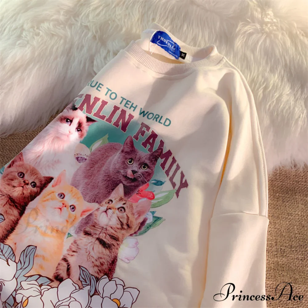 Sweet Cute Cat Print Crewneck Hoody Pullover - Image 4