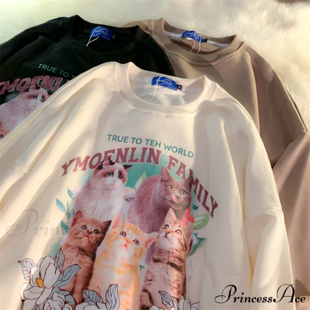 Sweet Cute Cat Print Crewneck Hoody Pullover - Image 5