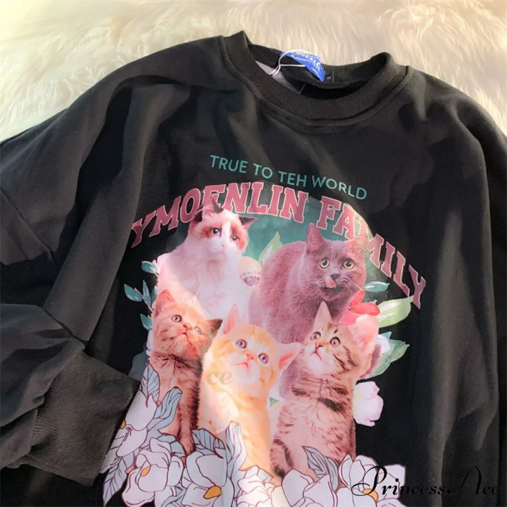 Sweet Cute Cat Print Crewneck Hoody Pullover - Image 7