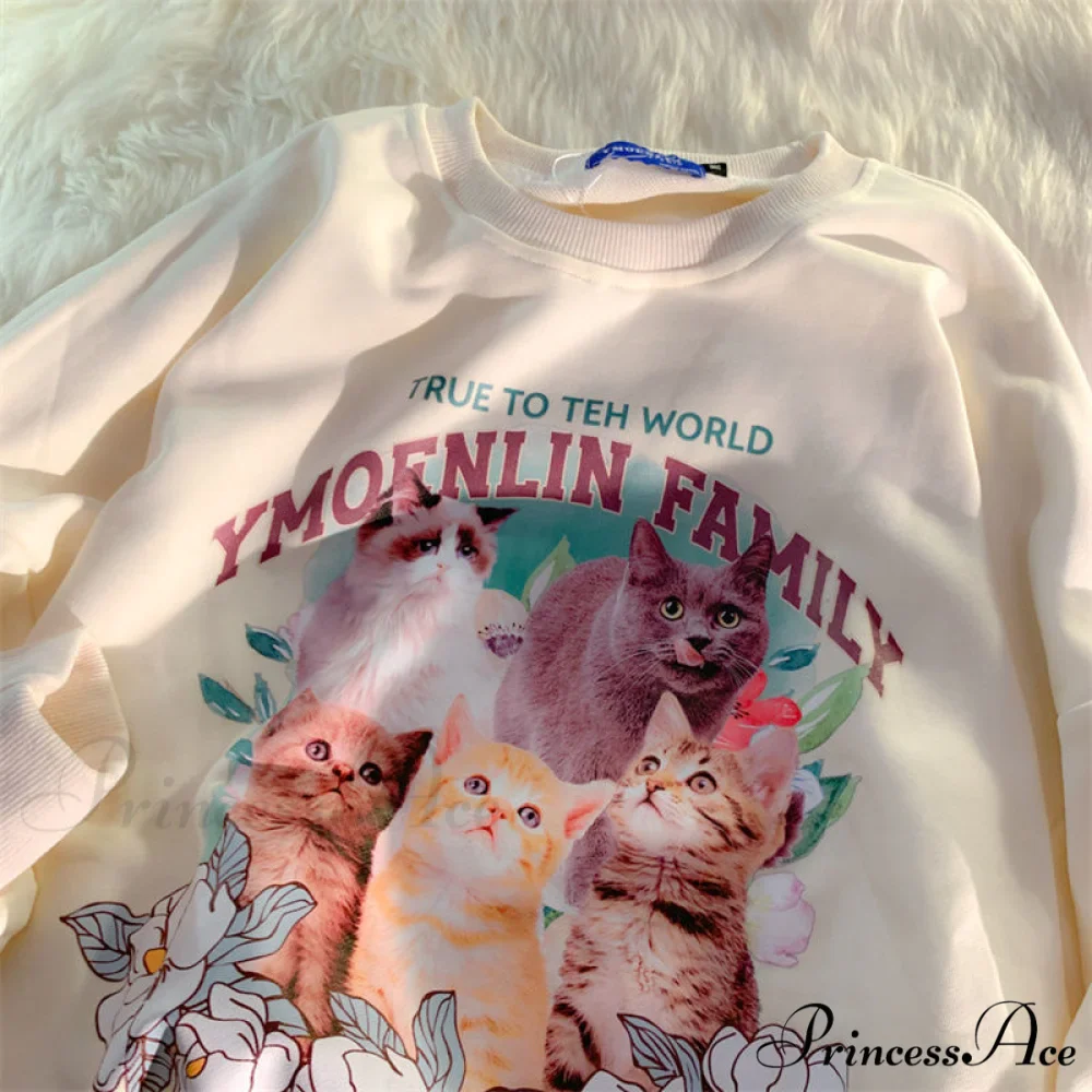 Sweet Cute Cat Print Crewneck Hoody Pullover - Image 9