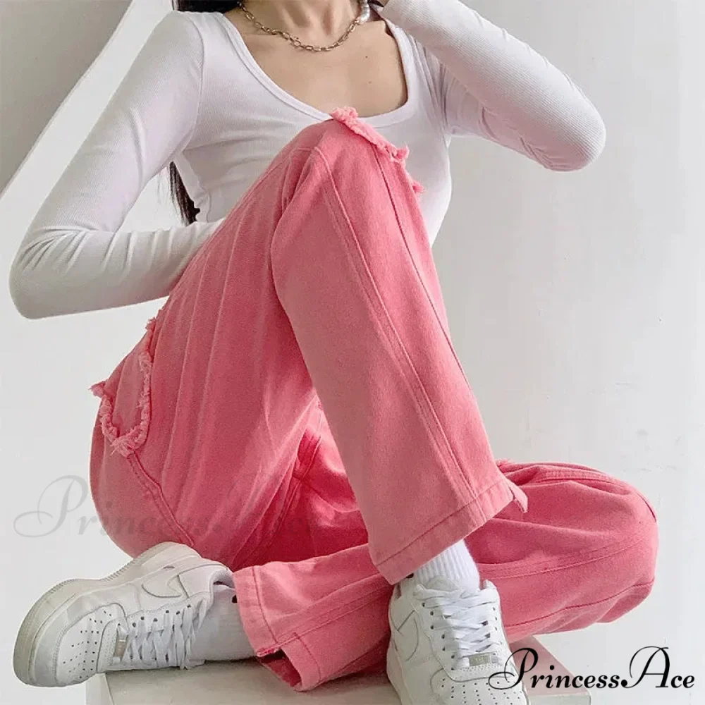Y2K Cute Pink Heart Shape Jeans - Image 3