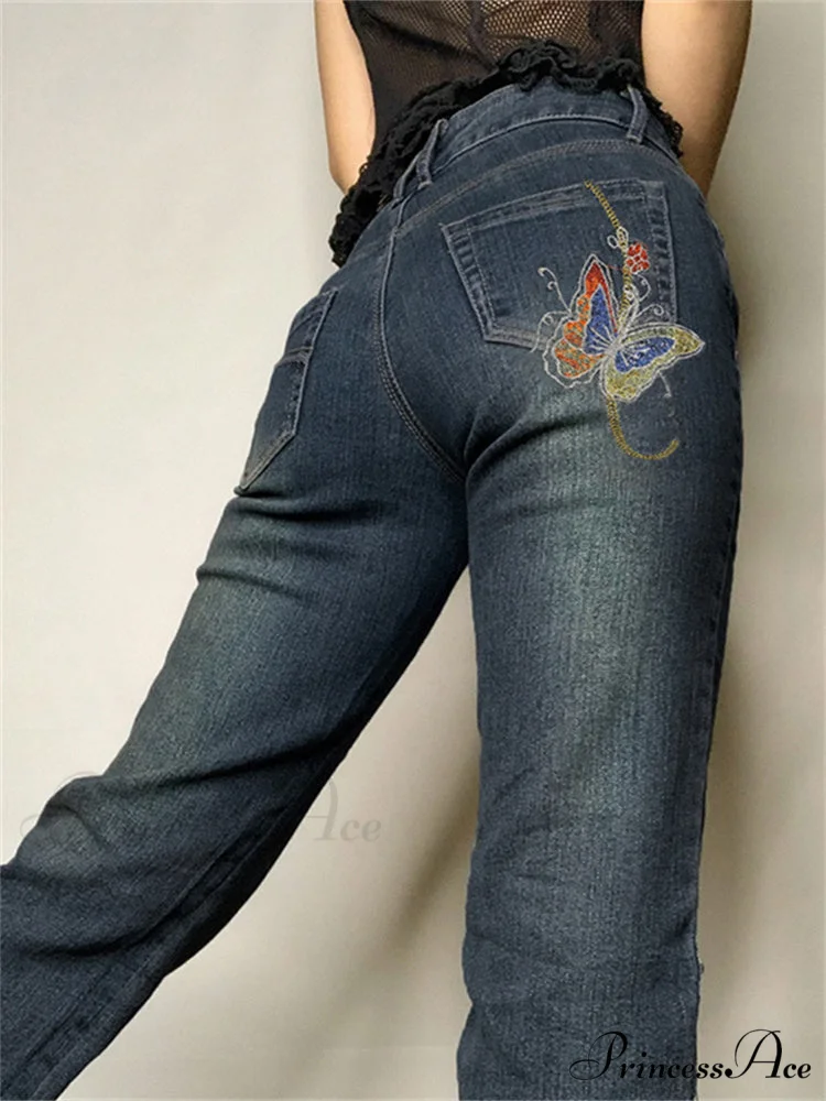 Butterfly Print Y2K Denim Jeans - Image 2