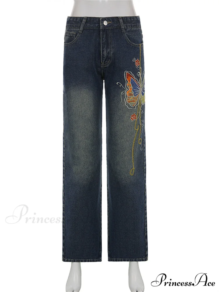 Butterfly Print Y2K Denim Jeans - Image 4