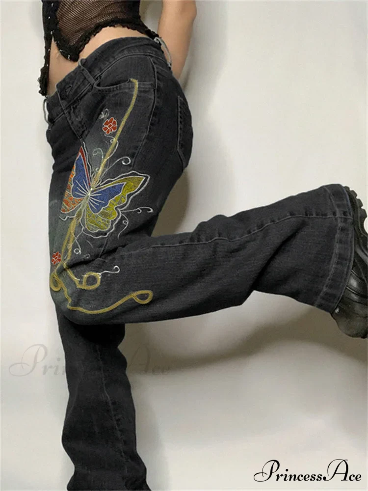 Butterfly Print Y2K Denim Jeans - Image 6