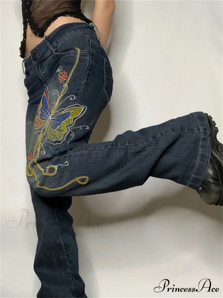 Butterfly Print Y2K Denim Jeans - Image 7