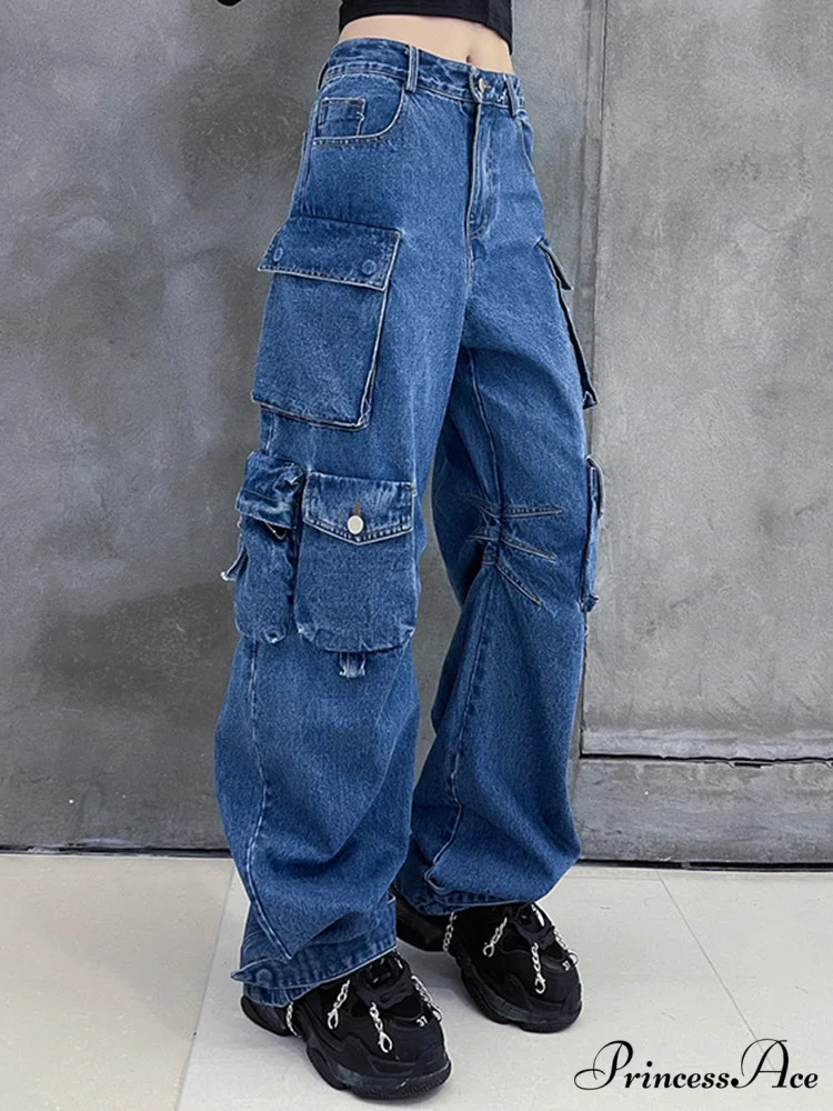 Dark Blue Pockets Wide Leg Jeans - Image 2
