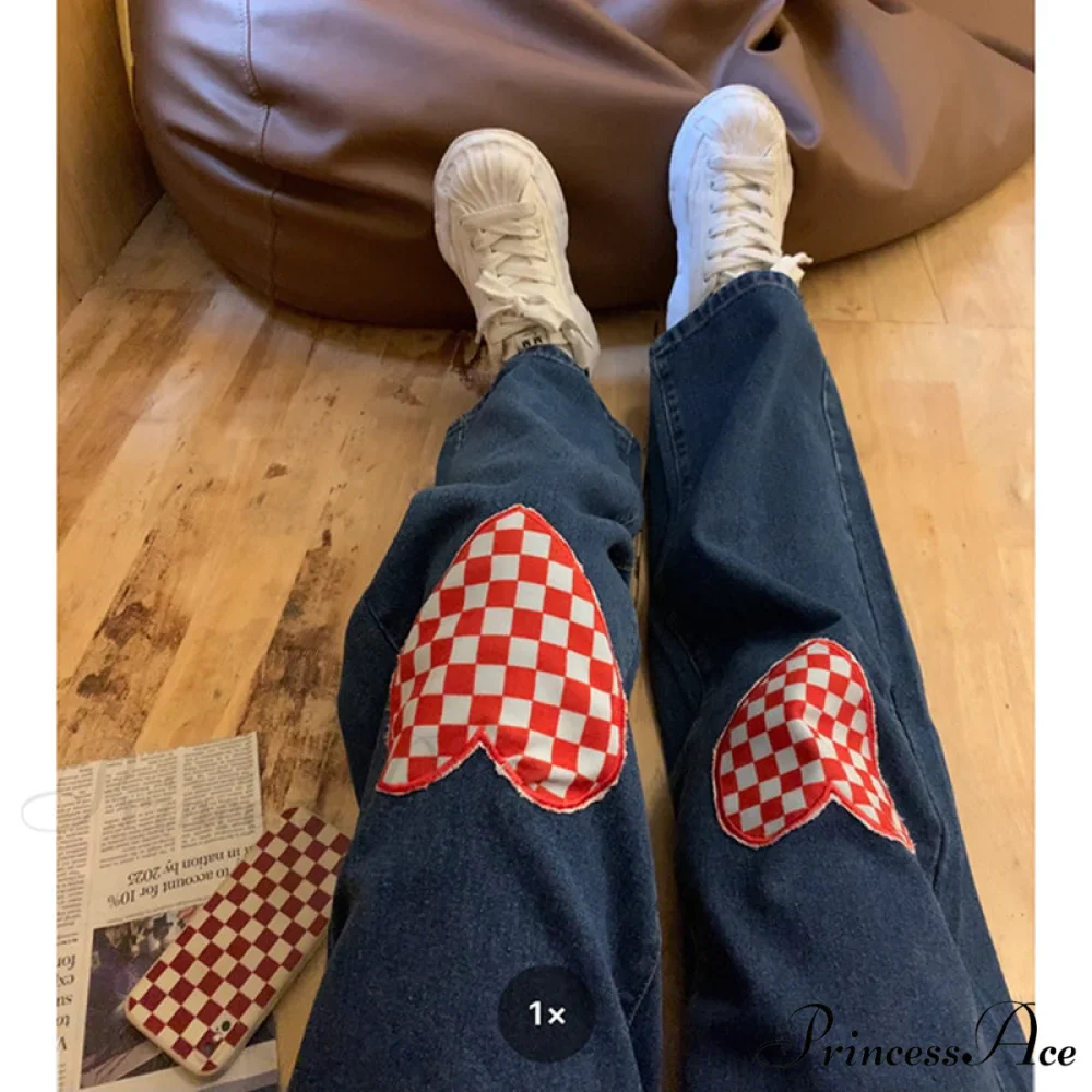 Cute Red Heart Print Pencil Jeans - Image 2
