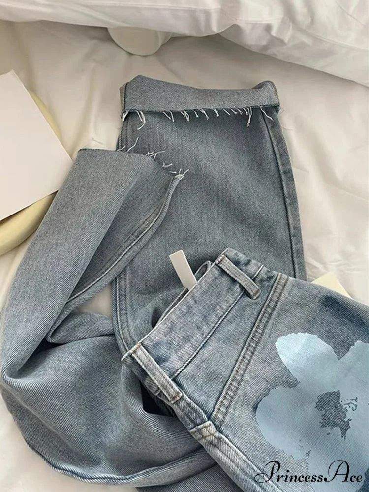 Trendy Flower Print Light Blue Jeans - Image 2