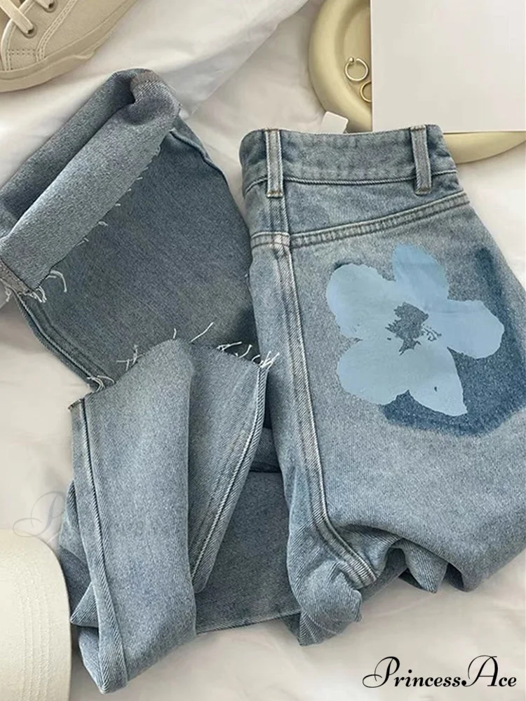Trendy Flower Print Light Blue Jeans - Image 3