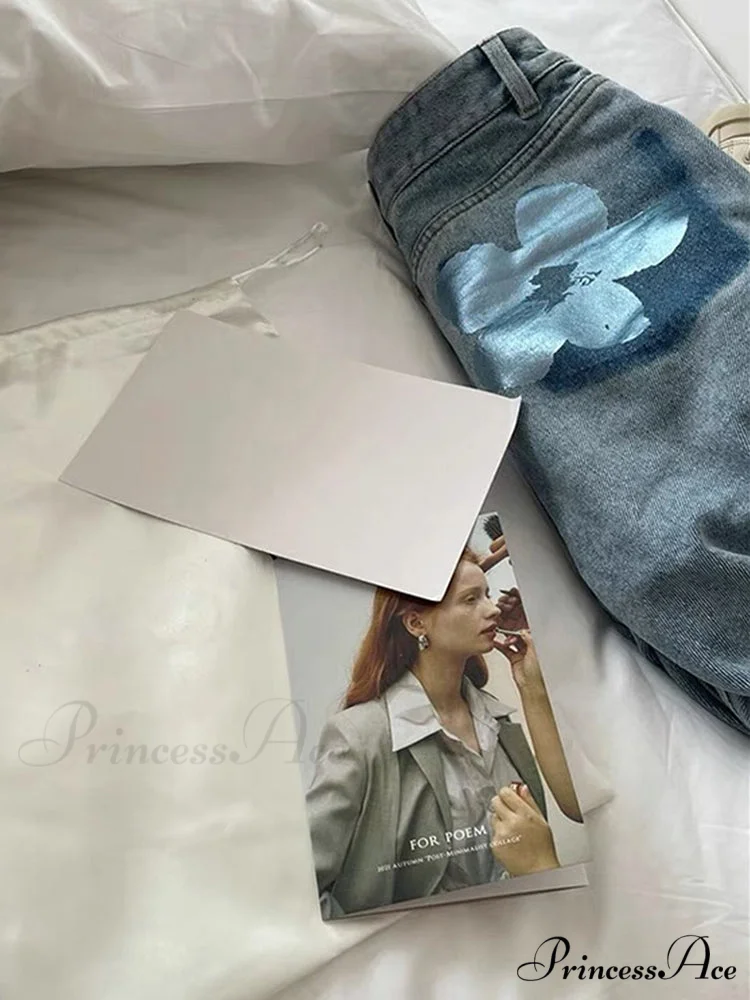 Trendy Flower Print Light Blue Jeans - Image 5