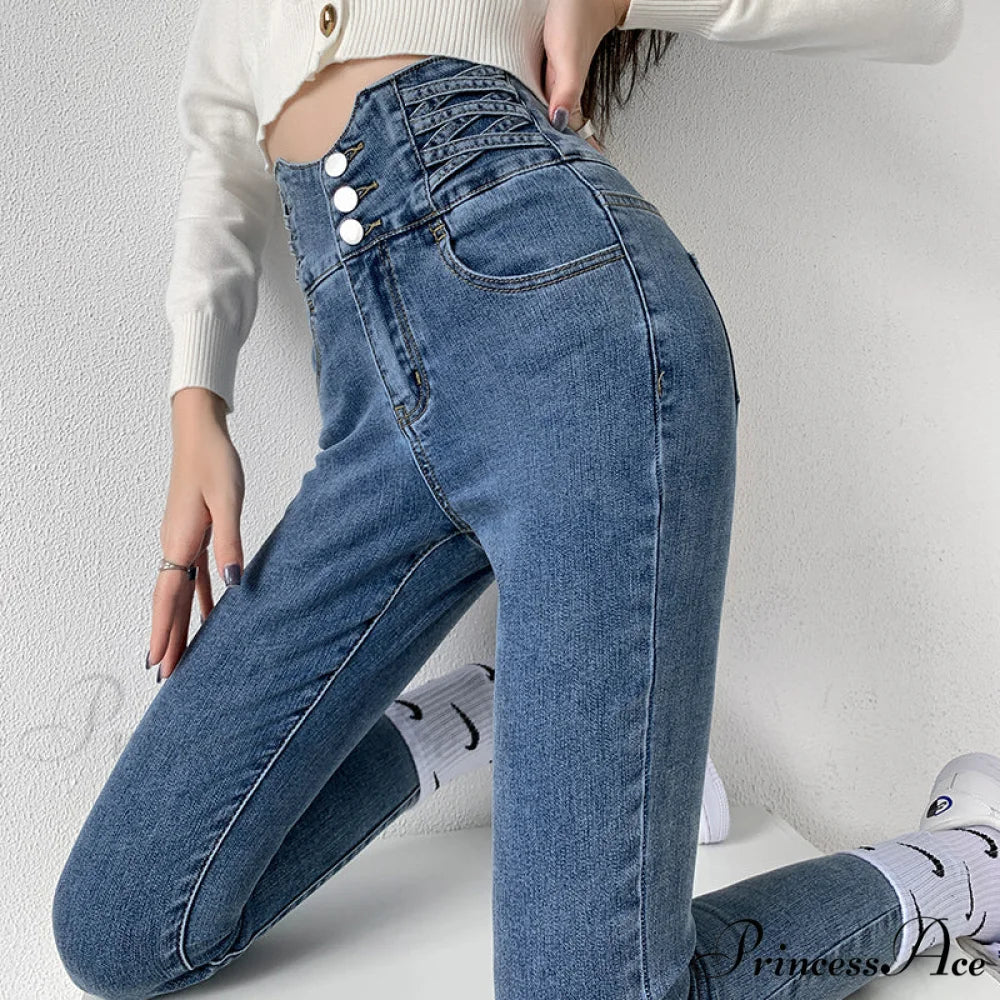 High Waist Straight Elastic Femme Jeans - Image 2