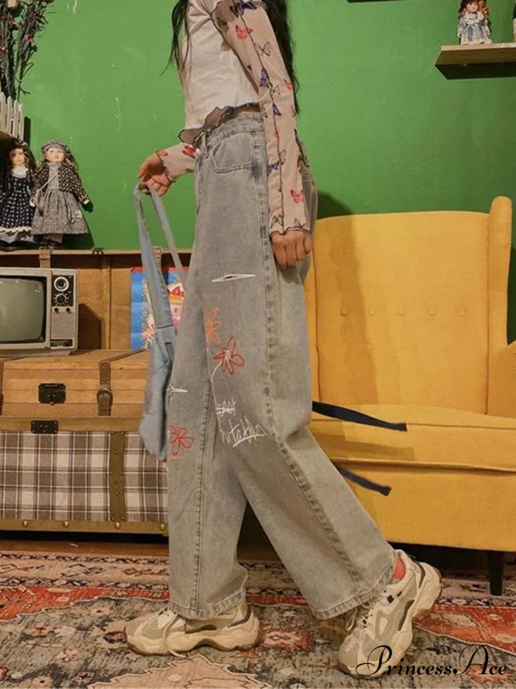 Letter Flower Print Ripped Jeans - Image 5