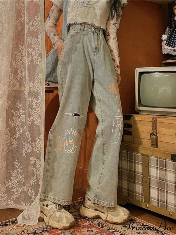 Letter Flower Print Ripped Jeans - Image 6