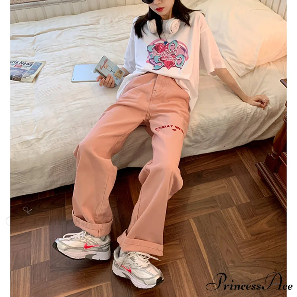 High Waist Wide Leg Pink Baggy Denim Jeans - Image 3