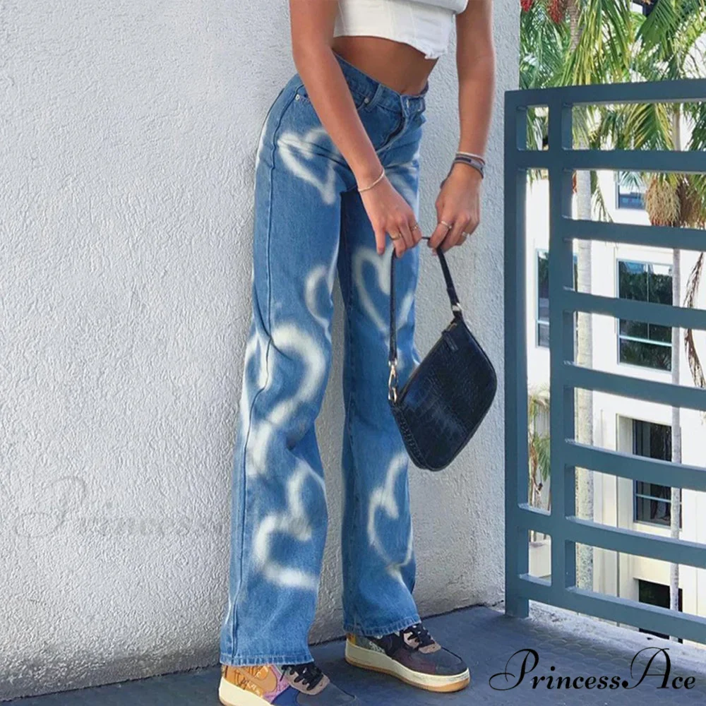 Vintage Blue Heart Printed Baggy Jeans - Image 2