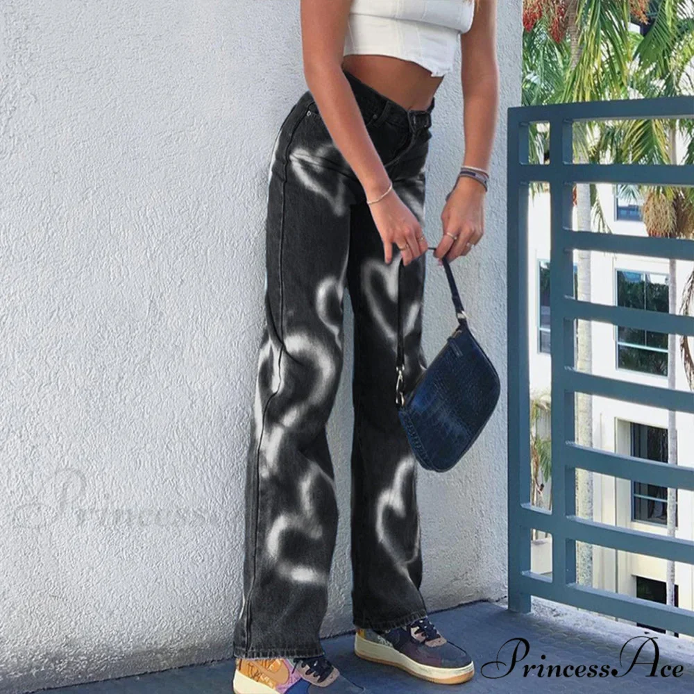 Vintage Blue Heart Printed Baggy Jeans - Image 4
