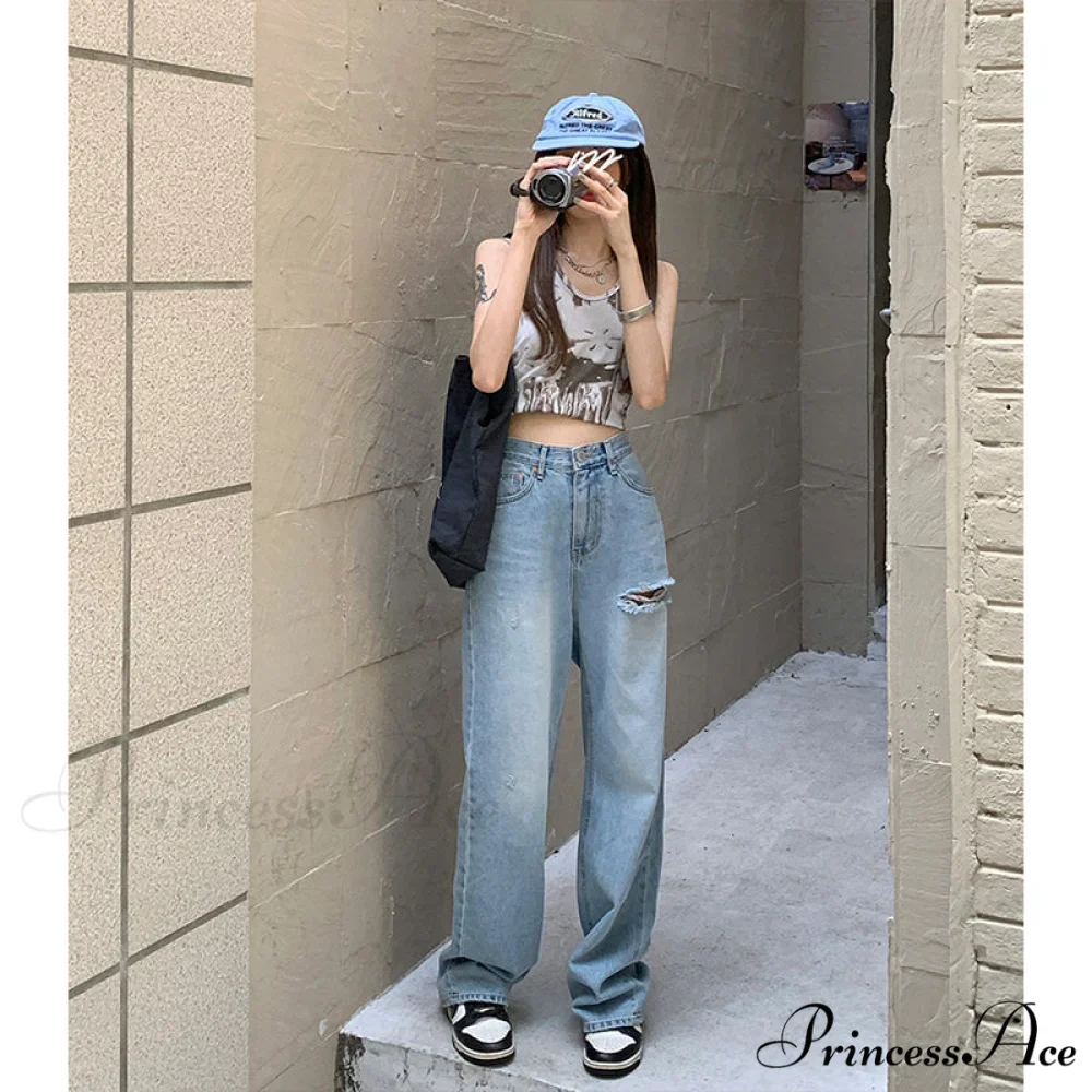 Wide Leg Blue Ripped Straight Jeans - Image 2