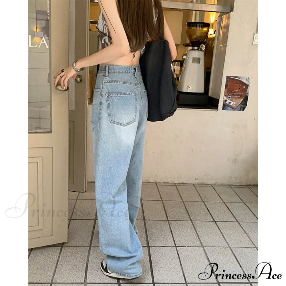 Wide Leg Blue Ripped Straight Jeans - Image 4