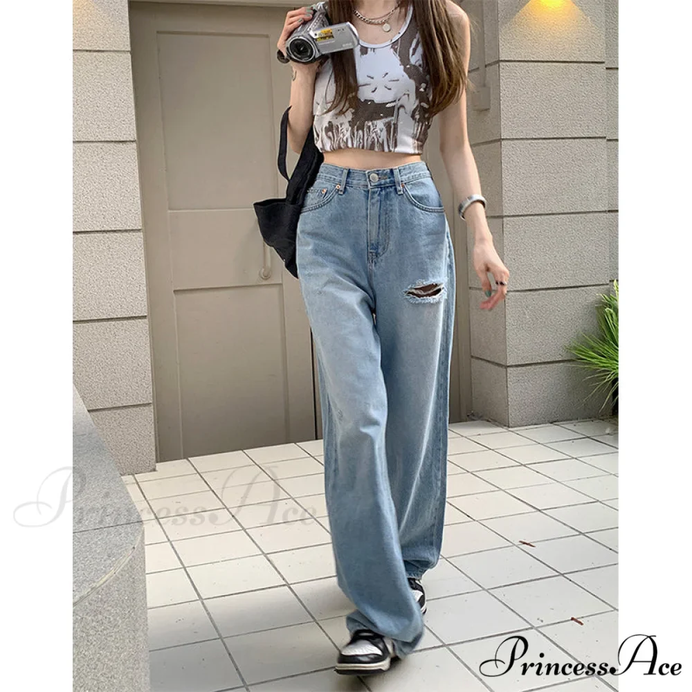 Wide Leg Blue Ripped Straight Jeans - Image 5