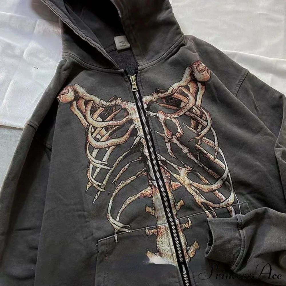 Gothic Punk Skeleton Print Hoody Jacket - Image 4