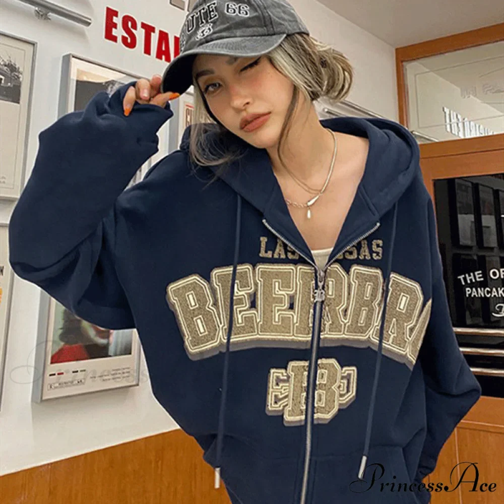 Retro Letter Print Loose Hoody Jacket - Image 14